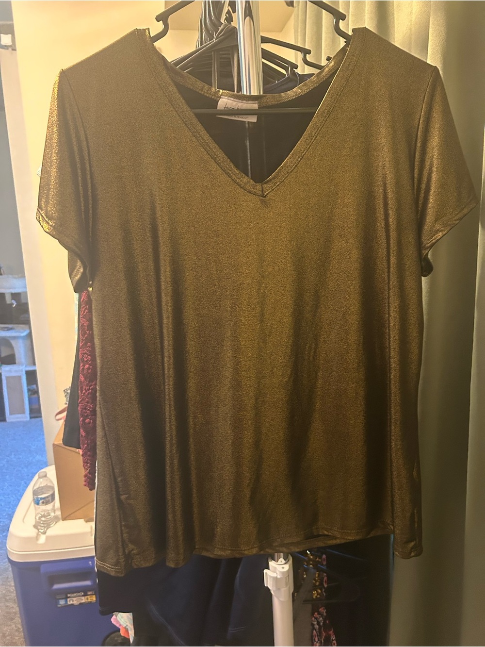 Free Kisses Women’s Metallic Gold V-Neck Short Sleeve Tee